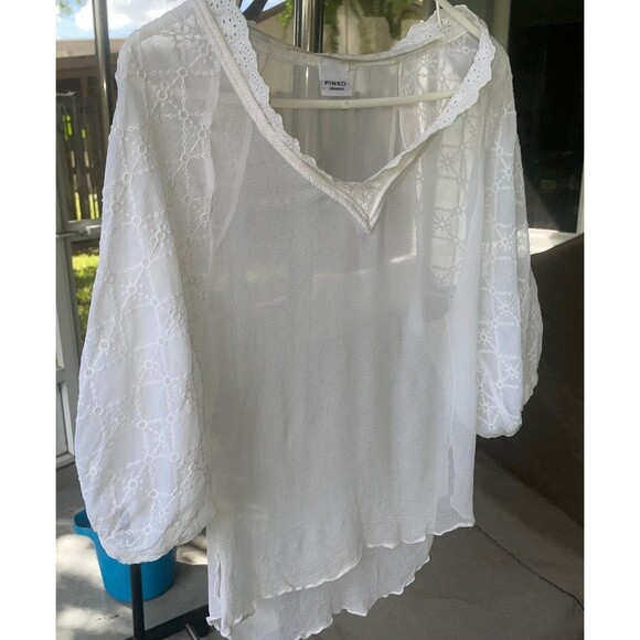 Pinko Sz 4 SMALL Puff Sleeve Lace  Sheer Delicate White Blouse Balletcore Soft - Picture 8 of 9